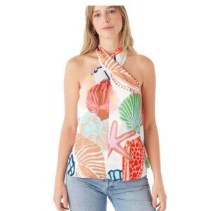 Crosby By Mollie Burch Multicolor Satin Halter Blouse Sea-Inspired Print sz Med